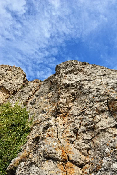 stock image Bottom view of the mountains and sky. Morella in Spain.