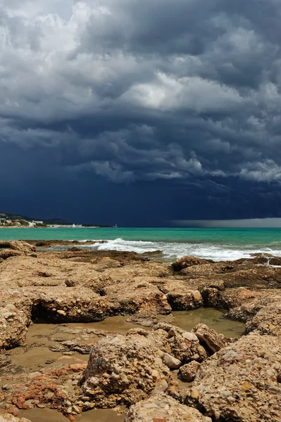 stock image Sea landscape with coast view. Storm sky with lightning,