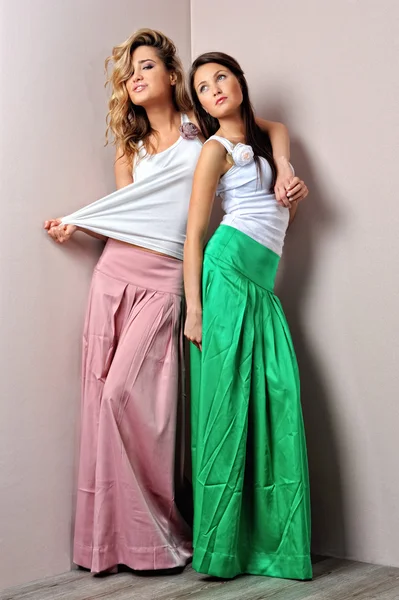 Дві красиві жінки позують у вишуканих сукнях — стокове фото