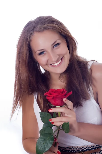 Porträtt av attraktiva kaukasiska leende kvinna isolerad på vit — Stockfoto