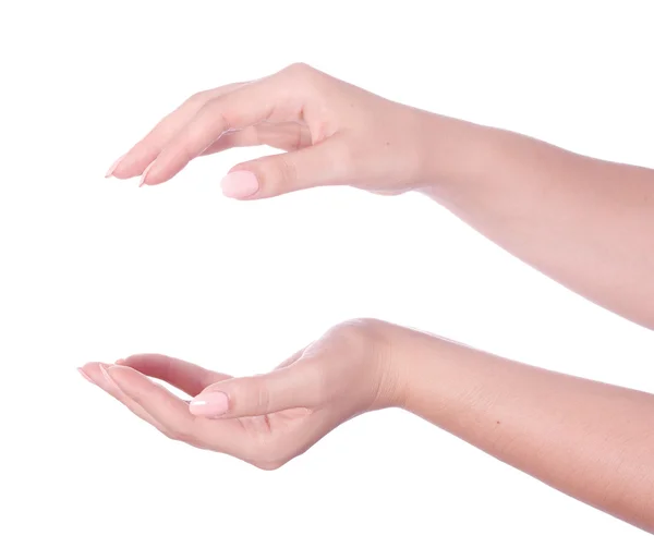 Mulher mãos abertas isolado no fundo branco — Fotografia de Stock