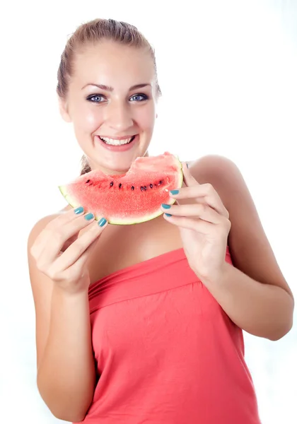 Girl with a piece of watermelon — Stock Photo, Image