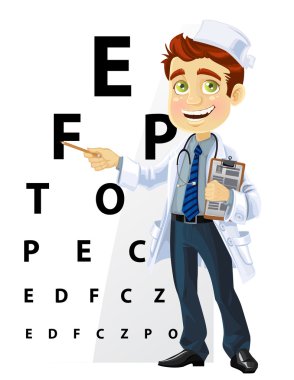 Ophthalmologist shows a table for testing visual acuity