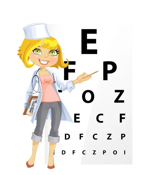 Cute woman doctor - Ophthalmologist shows a table for testing visual acuity — Stock vektor