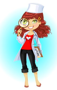 Cute brownhaired young woman doctor with magnifying glass clipart