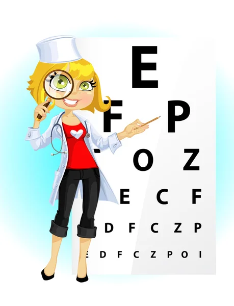 Cute woman doctor - ophthalmologist with magnifying glass — Archivo Imágenes Vectoriales