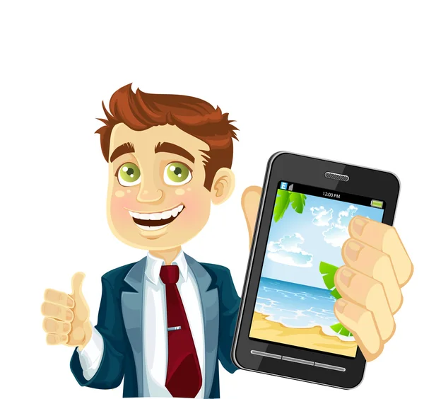 Cute businessman in a suit shows a photo resort on the phone — Stock Vector