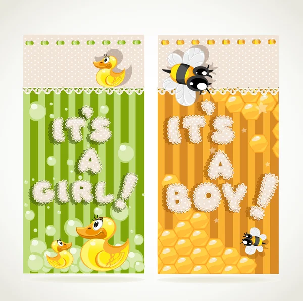 Yellow "It`s a boy" and green "it`s a girl" vertical banners set 1 — Stock Vector