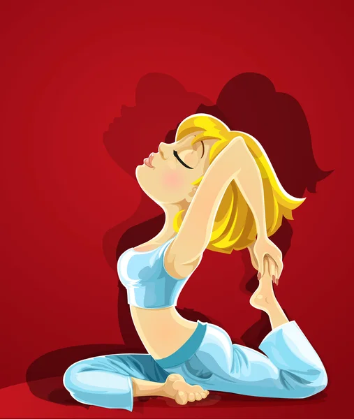 Cute blond girl in a yoga pose 1 on red background — Stock Vector