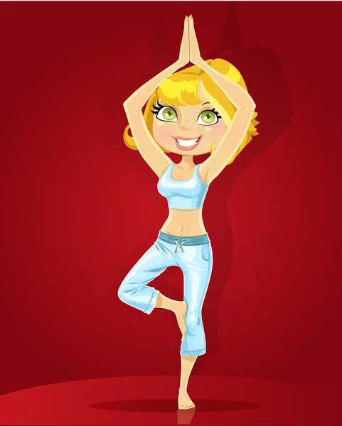 Cute blond girl in a yoga pose on red background — Stock Vector