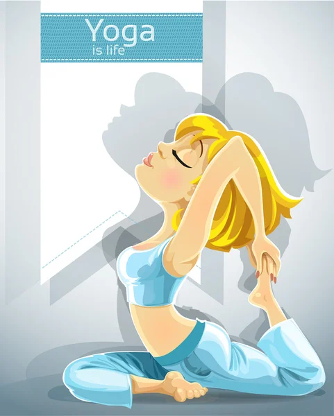 Cute blond girl in a yoga pose.Bonus - poster for your text — Stock Vector