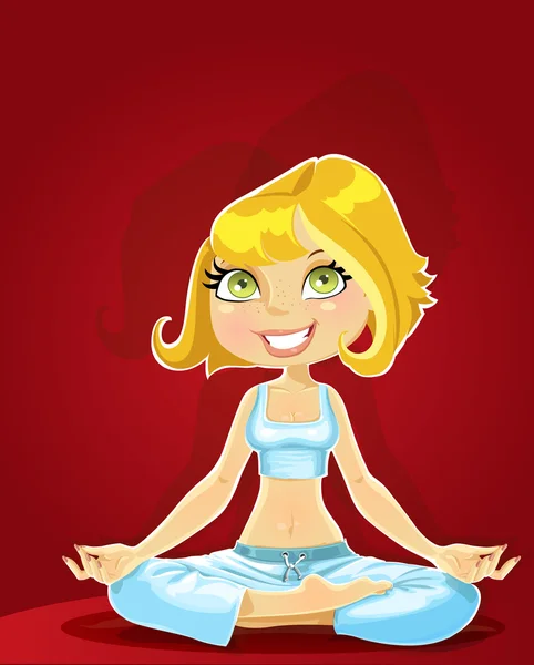 Linda rubia en una posición de loto de yoga sobre fondo rojo — Archivo Imágenes Vectoriales