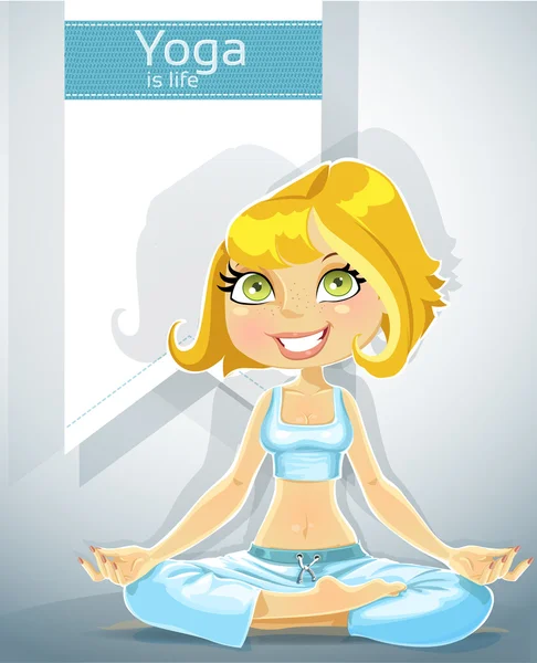 Cute blond in yoga lotus position.Bonus - poster for your text — Stock Vector