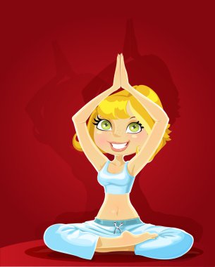 Girl in a yoga position 2 in series on red background clipart