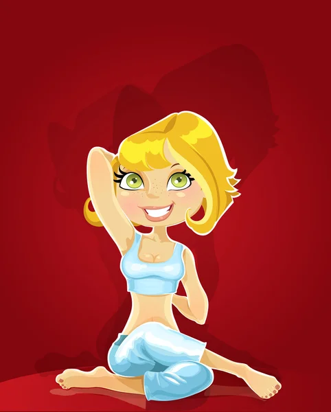 Ładny blond dziewczynka w asana jogi poza gomukha na czerwonym tle — Wektor stockowy