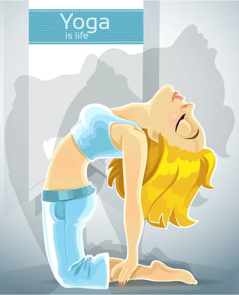Cute blond girl in a yoga pose of camel.Bonus - poster for your text — Stock Vector