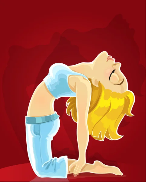 Ładny blond dziewczynka w jogi poza wielbłąda na czerwonym tle — Wektor stockowy