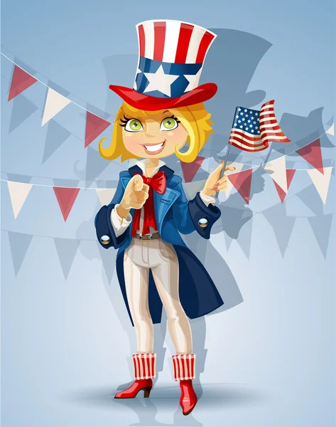 Blond girl in a suit of Uncle Sam Celebrates 4th of July — Stock Vector