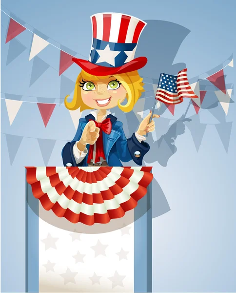 Girl in a suit of Uncle Sam stands on the podium — Stock Vector