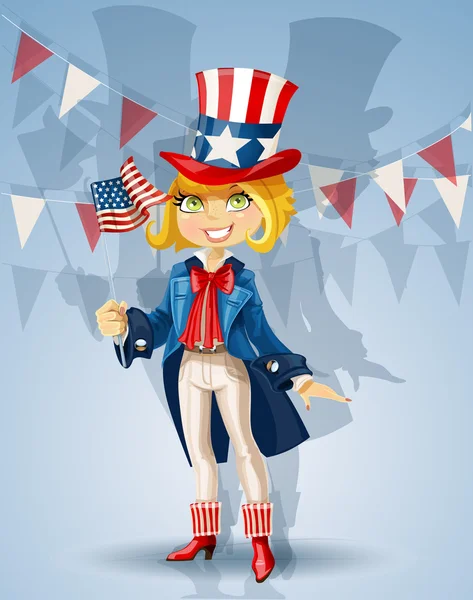Girl in a suit of Uncle Sam and with flag Celebrates 4th July — Stock Vector