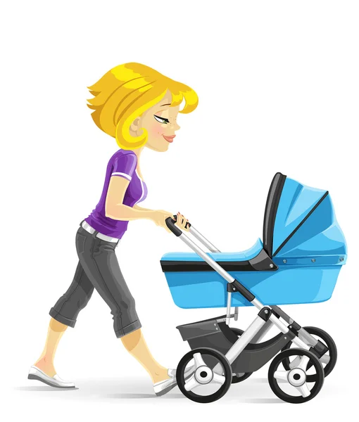 Madre joven caminando con un carro de bebé azul — Vector de stock