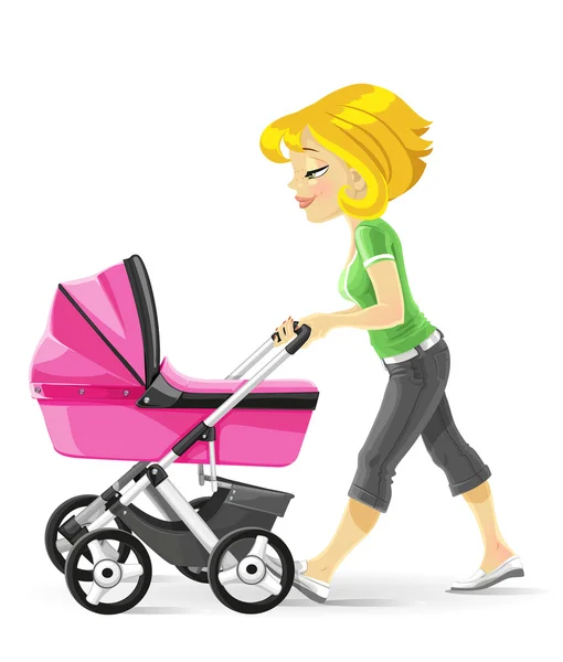 Jovem mãe andando com um carrinho de bebê rosa —  Vetores de Stock