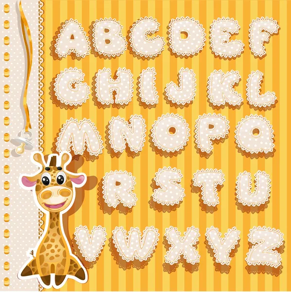 Alfabeto de bebé con encaje y cintas, versión amarilla — Archivo Imágenes Vectoriales