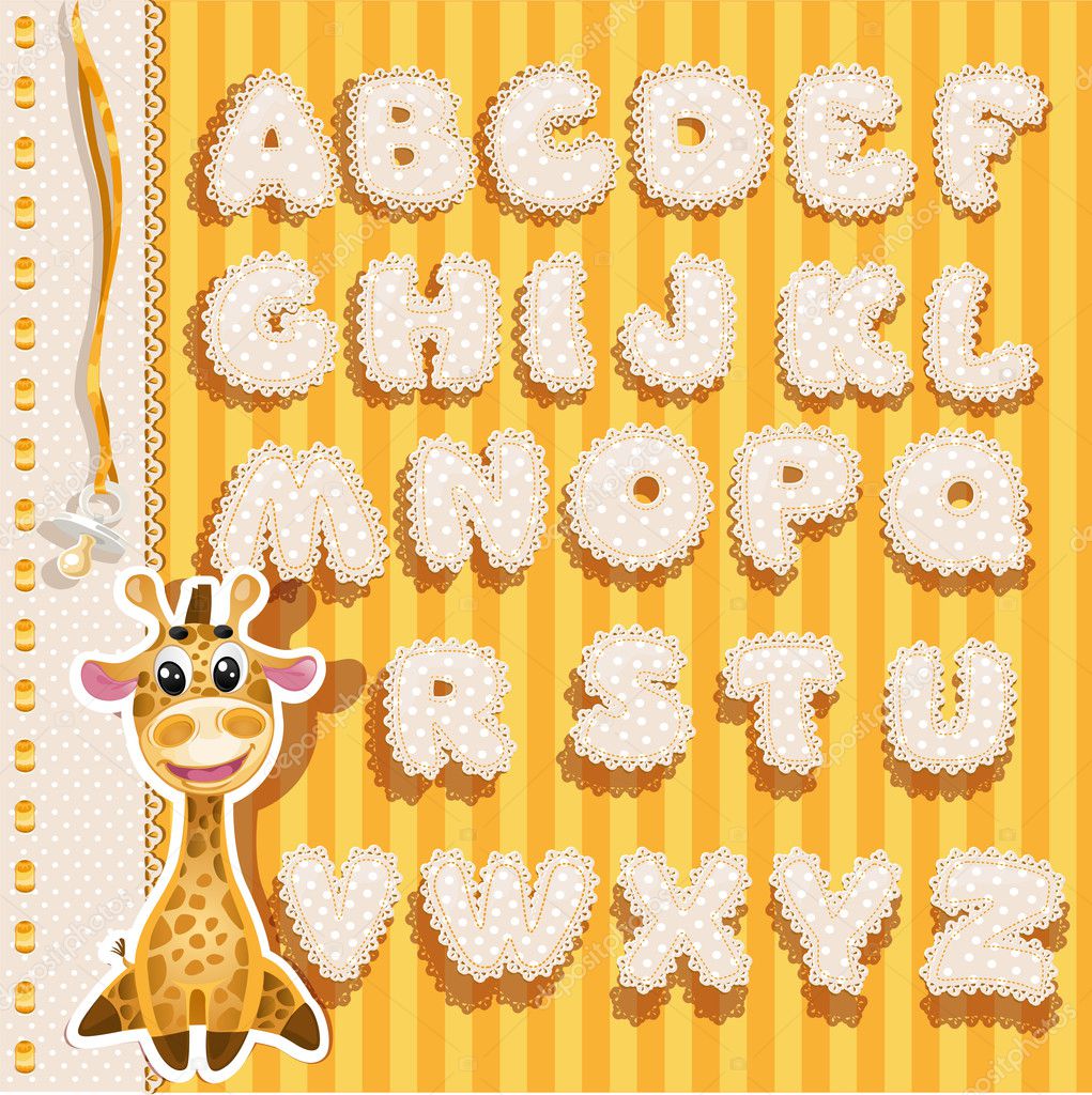Baby alphabet with lace and ribbons, yellow version