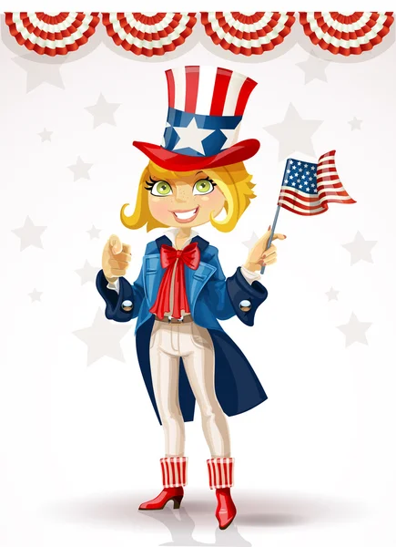 Cute blond girl in a suit of Uncle Sam — Stock Vector