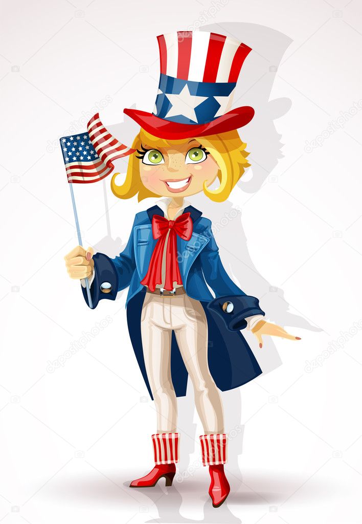 Girl in a suit of Uncle Sam and with flag USA