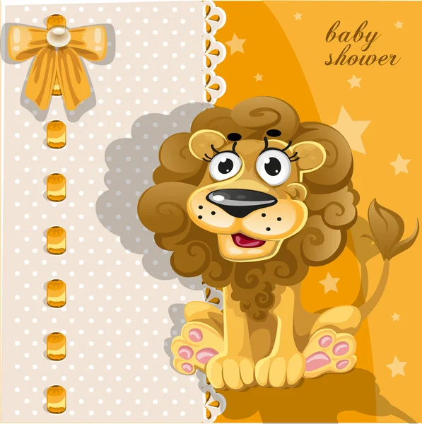 Yellow baby shower card with cute cartoon lion — Stock Vector