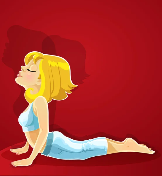 Sarışın kız Yoga pose kırmızı zemin üzerine bhudzhangasana — Stok Vektör