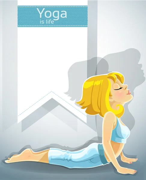 Fille blonde dans la pose de yoga Bhudzhangasana. Bonus d'affiche — Image vectorielle