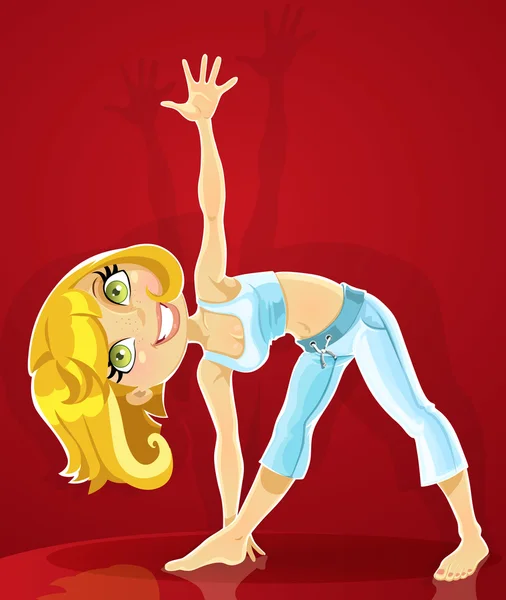 Blond tjej i yoga utgör trikonasana utthita på röd bakgrund — Stock vektor