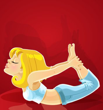 Blond girl in yoga pose Dhanurasana on red background clipart