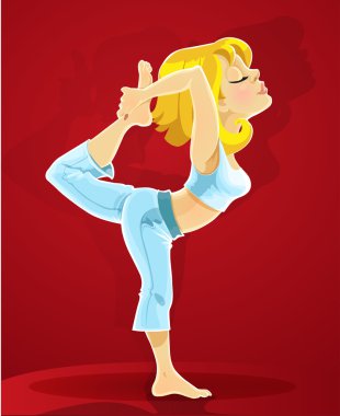 Blond girl in yoga pose Nataradzhasana on red background clipart