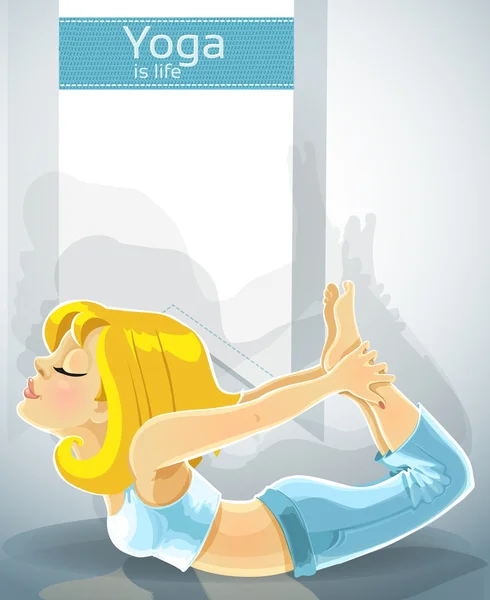 Blond girl in yoga pose Dhanurasana.Bonus - poster for your text — Stock Vector