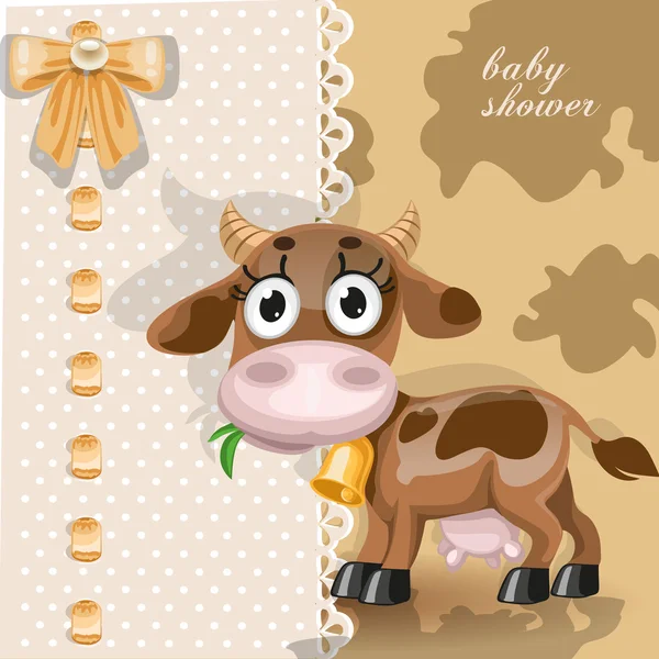 Delicate baby shower card with cute baby cow - Stok Vektor