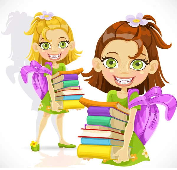 Schulmädchen mit einem Stapel von Büchern — Stockvektor