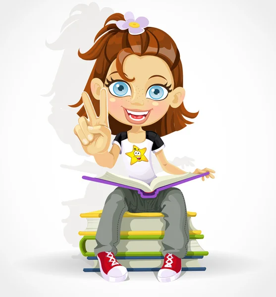 Cute schoolgirl read on a pile of books — Image vectorielle
