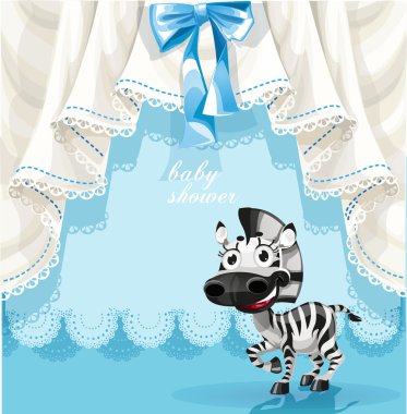 Blue baby shower card with cute little baby zebra clipart