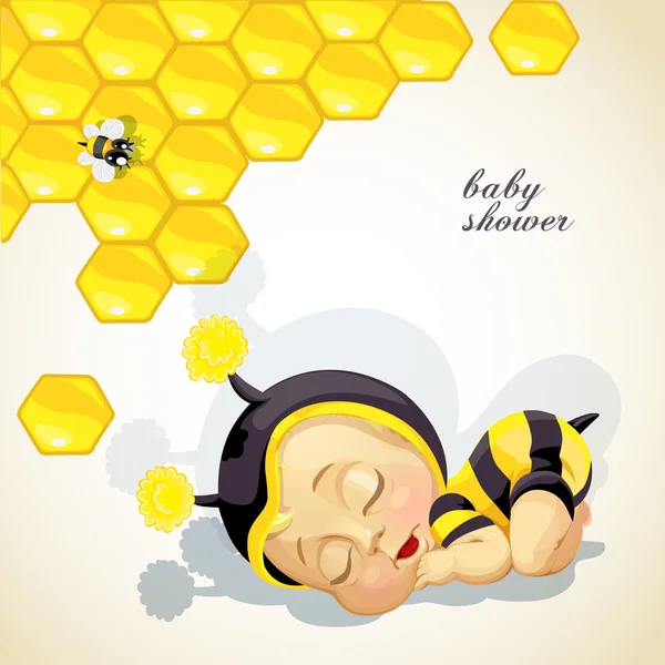 Cartão de chuveiro de bebê com bebê recém-nascido vestido de abelha — Vetor de Stock