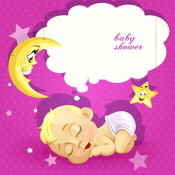 Baby shower pink card with sleeping newborn baby — Stock Vector