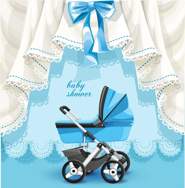 Blue baby shower card with baby carriage — Stock Vector