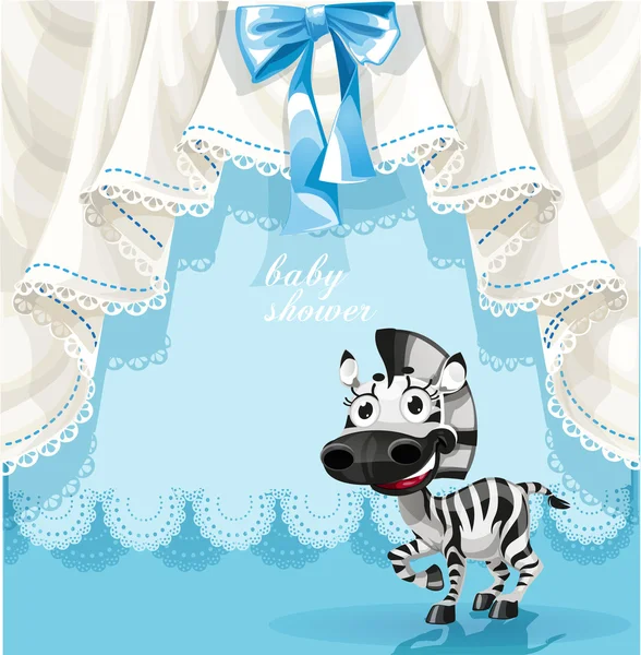 Blue baby shower card with cute little baby zebra — Stock Vector