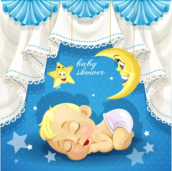 Blå baby dusch-kort med söt sovande nyfött barn — Stock vektor