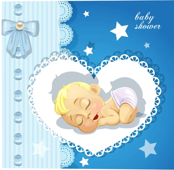 Blue delicate baby shower card with cute sleeping baby — Stock Vector