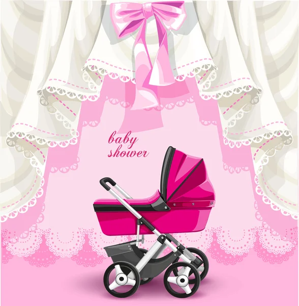 Cartão de chuveiro de bebê rosa com carrinho de bebê —  Vetores de Stock