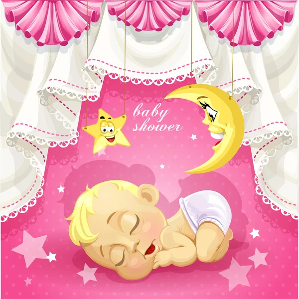 Pink baby shower card with sweet sleeping newborn baby — Stock Vector