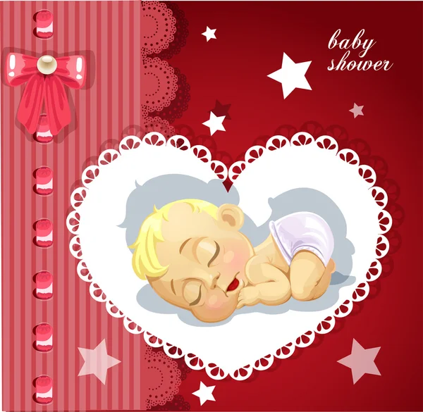 Red baby shower card with cute baby — Stock Vector